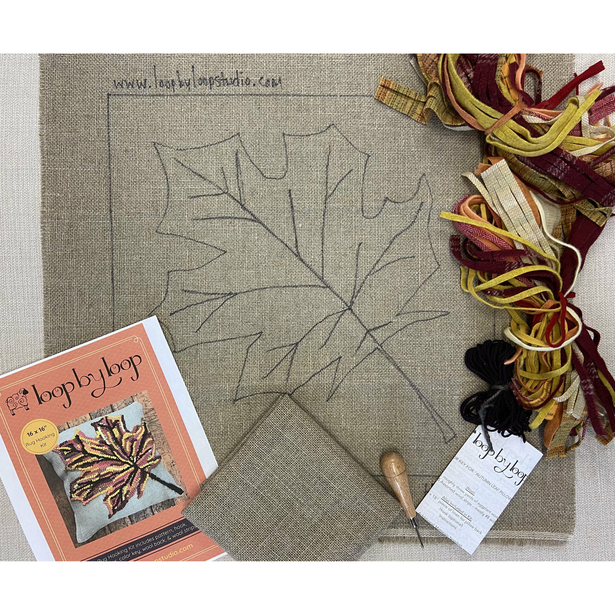 Autumn Leaf Pillow Rug Hooking DIY Kit- Primitive Beginner Rug Making Project - Punch Needle Supplies NZ